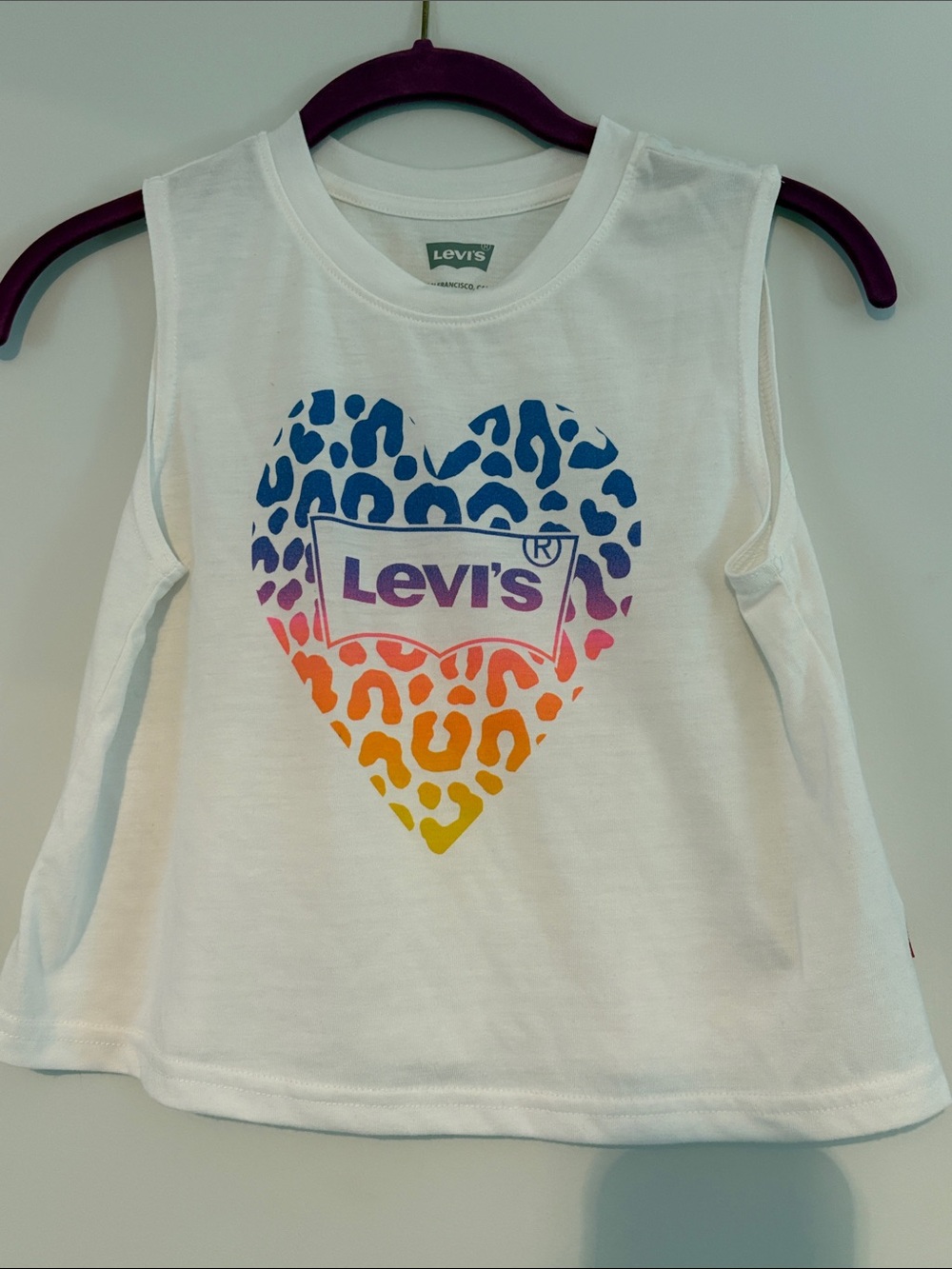 Levi's White Tank with Rainbow Leopard Heart Graphic